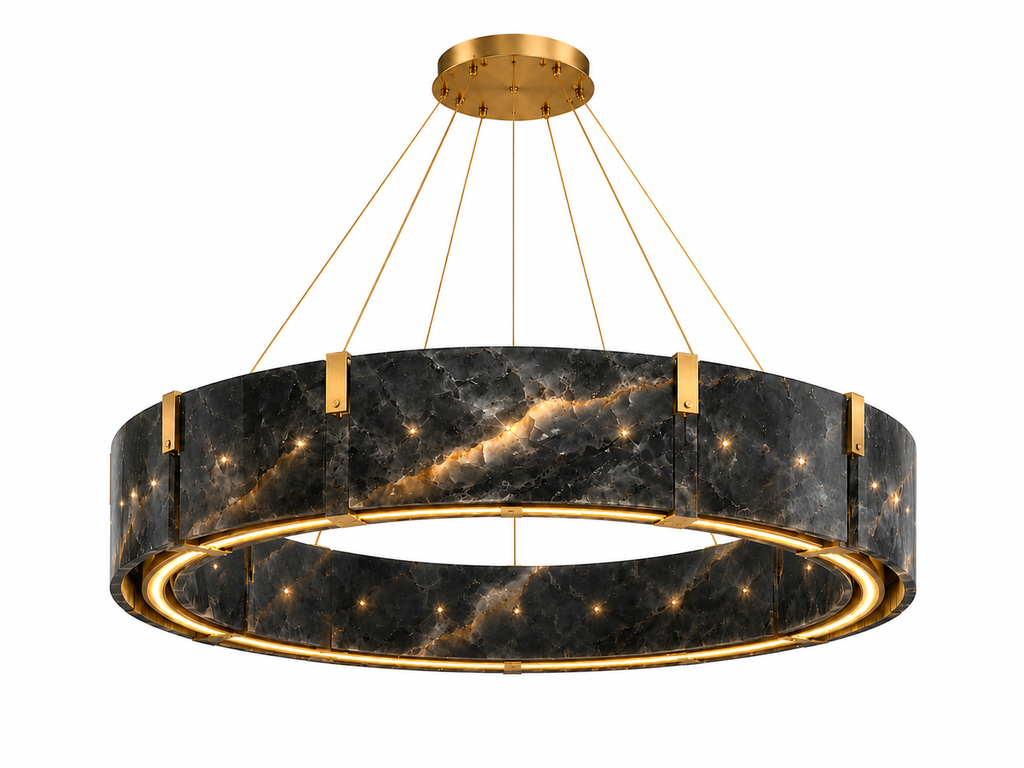 Le Lustre Couronne Monumental "Orbite" en Marbre Noir Saint-Laurent et Laiton