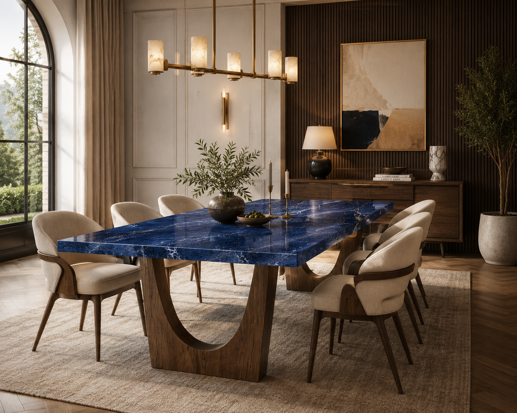 La Table de Repas Rectangulaire "Odyssée" en Sodalite Bleue et Noyer