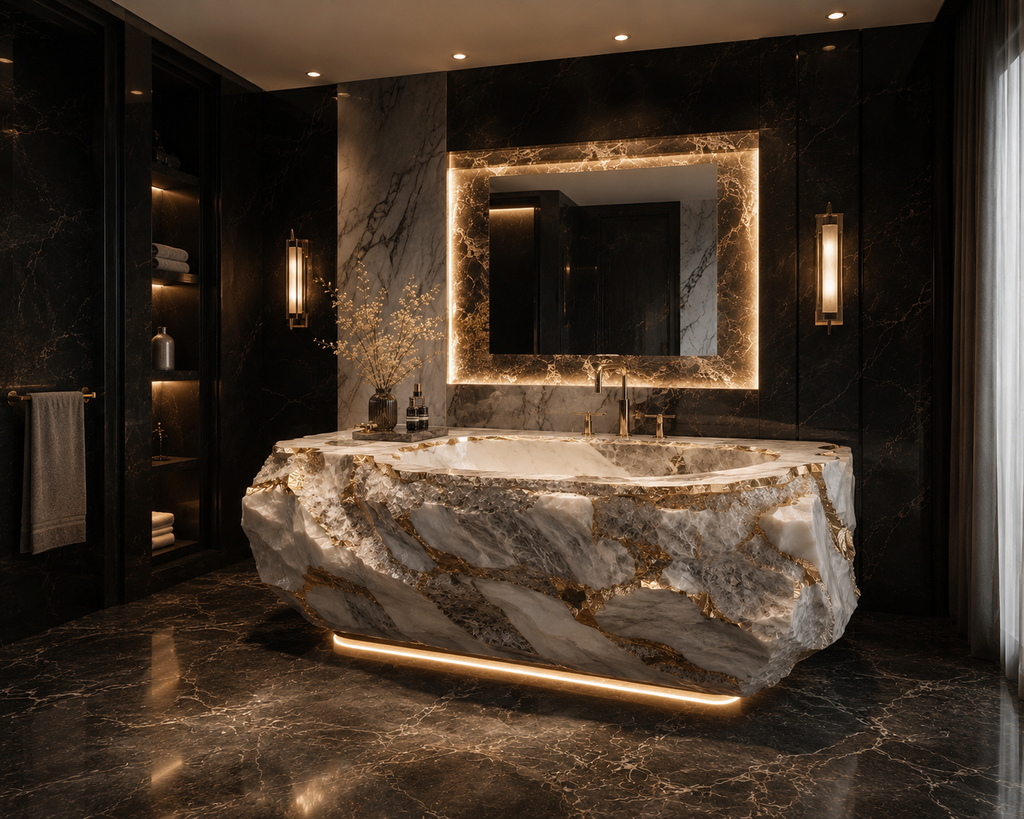 Le Bain d'Apparat Monolithe Rocaille "Kintsugi" en Calacatta Gold et Or 24k