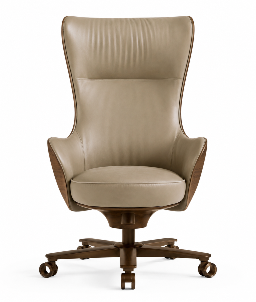 La Chaise de Direction Haut Dossier "Monarque" en Cuir Mastic et Noyer