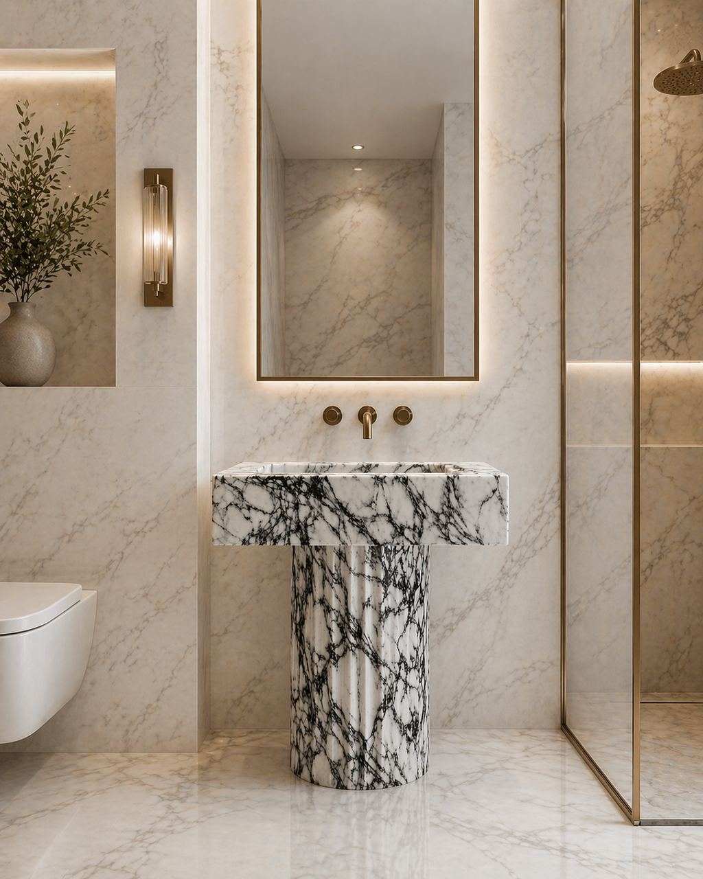 Le Lavabo Totem à Colonne Cannelée "Doric" en Marbre Arabescato