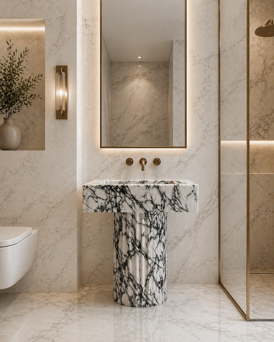 Le Lavabo Totem à Colonne Cannelée "Doric" en Marbre Arabescato