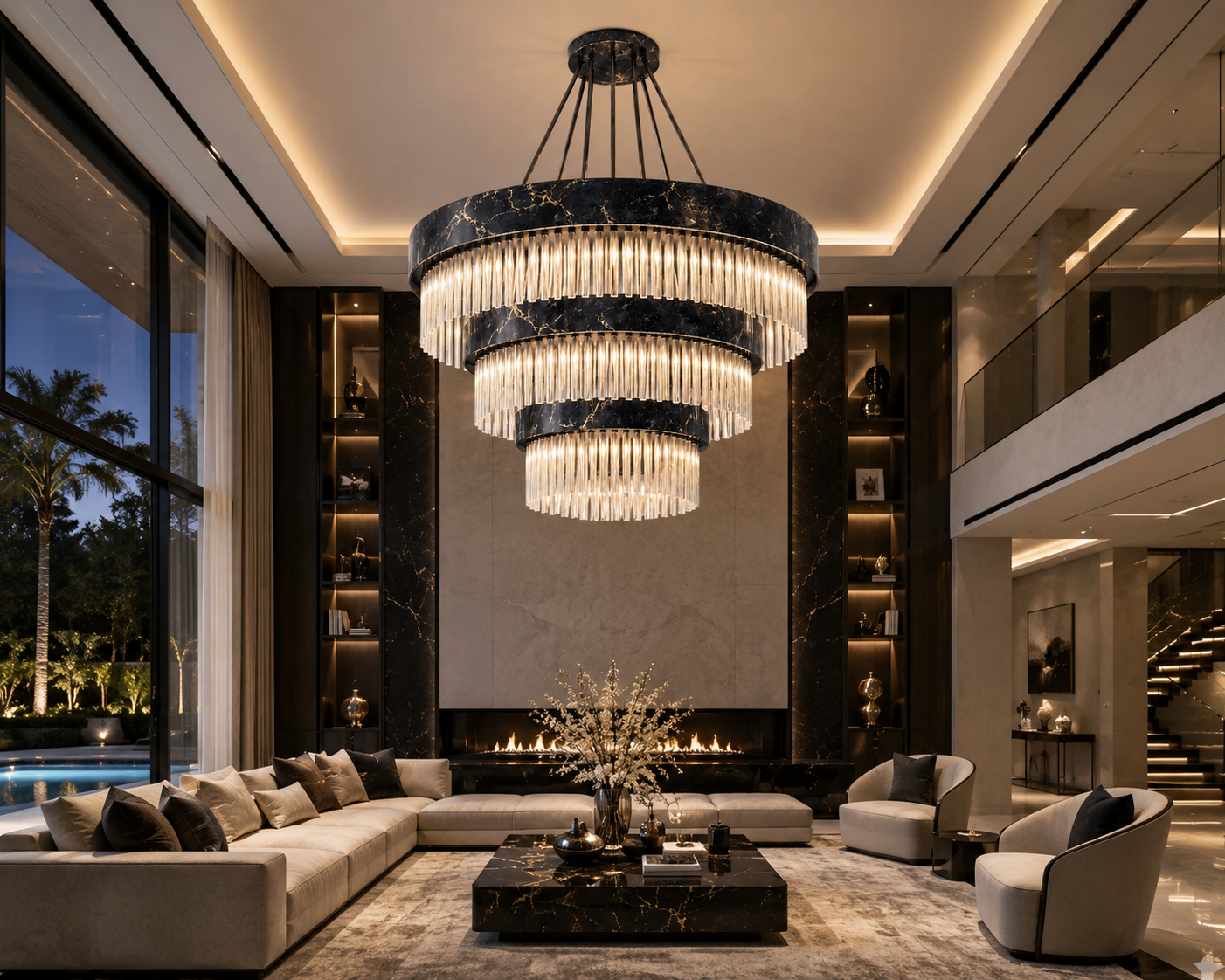 Le Lustre Cascade à Gradins "Majesté" en Marbre Noir et Cristal