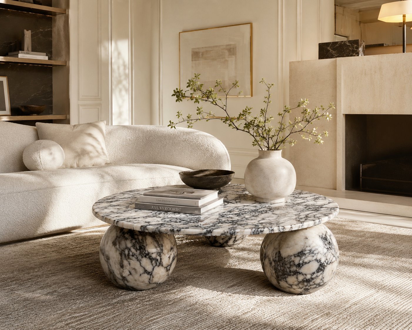 La Table Basse Circulaire Tri-Sphère "Sphère" en Marbre Arabescato