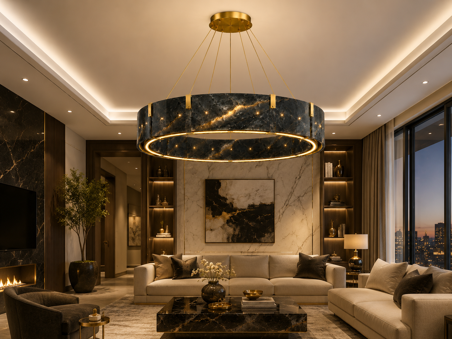Le Lustre Couronne Monumental "Orbite" en Marbre Noir Saint-Laurent et Laiton