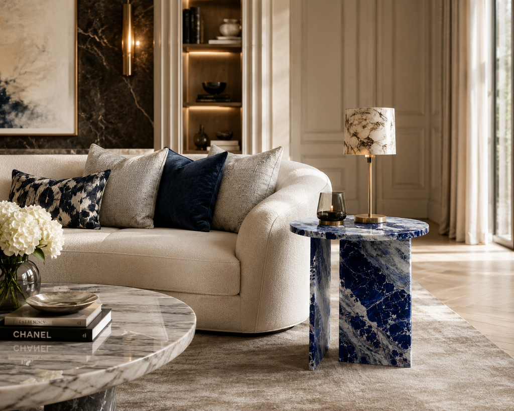Le Guéridon Géométrique "Azurite" en Sodalite Bleue