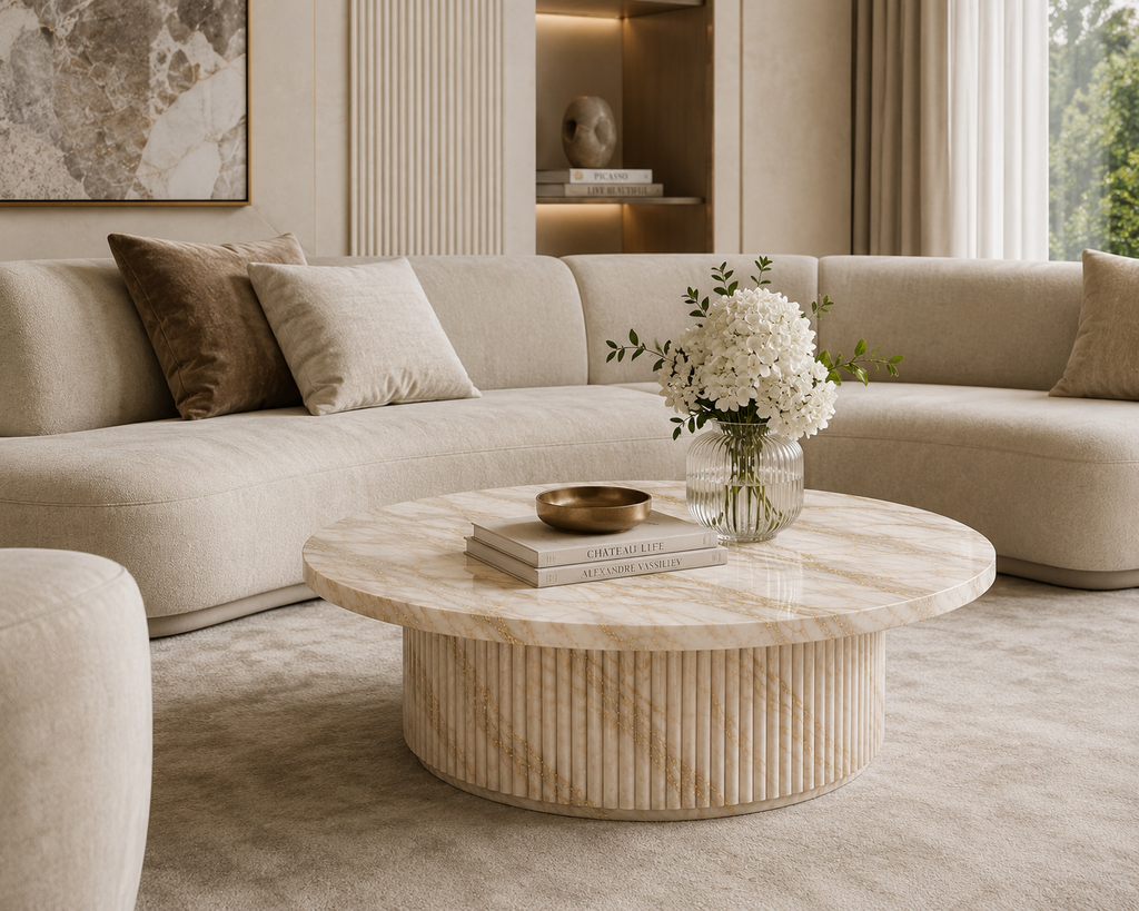 La Table Basse Circulaire Cannelée "Tambour" en Marbre Crème