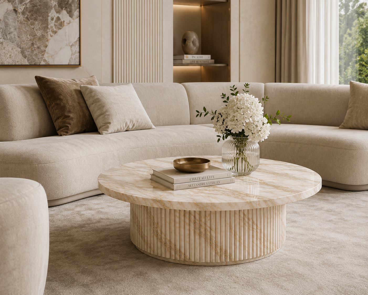 La Table Basse Circulaire Cannelée "Tambour" en Marbre Crème