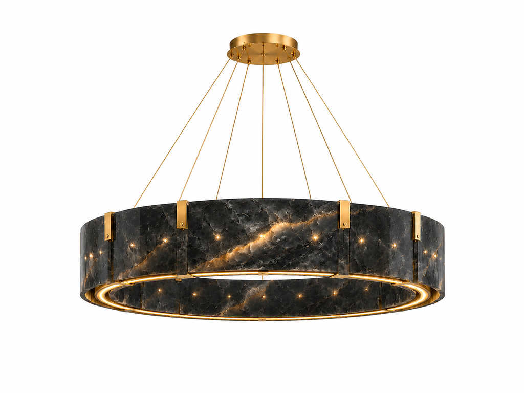 Le Lustre Couronne Monumental "Orbite" en Marbre Noir Saint-Laurent et Laiton