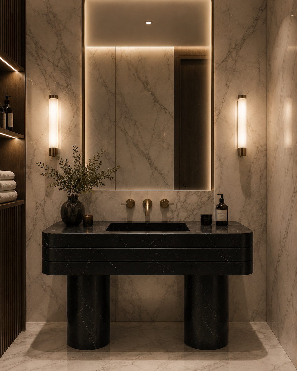Le Meuble Vasque Monolithe "Strate Noire" en Marbre Noir Marquina
