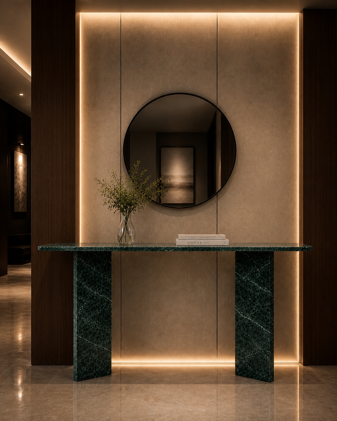 La Console d'Entrée Oblongue "Émeraude" en Marbre Vert Guatemala