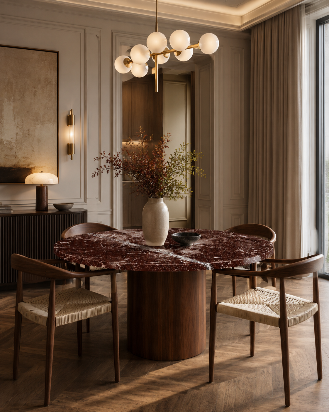 La Table à manger Circulaire "Palazzo" en Marbre Rosso Levanto et Noyer
