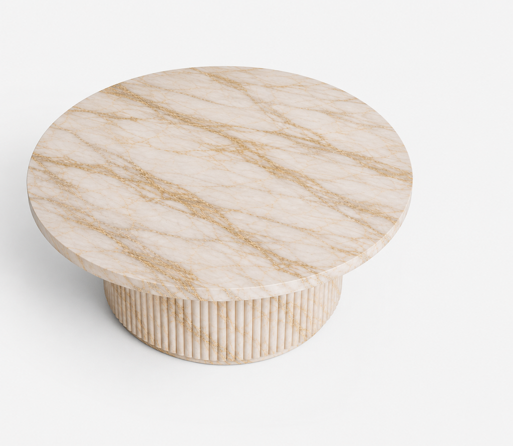 La Table Basse Circulaire Cannelée "Tambour" en Marbre Crème