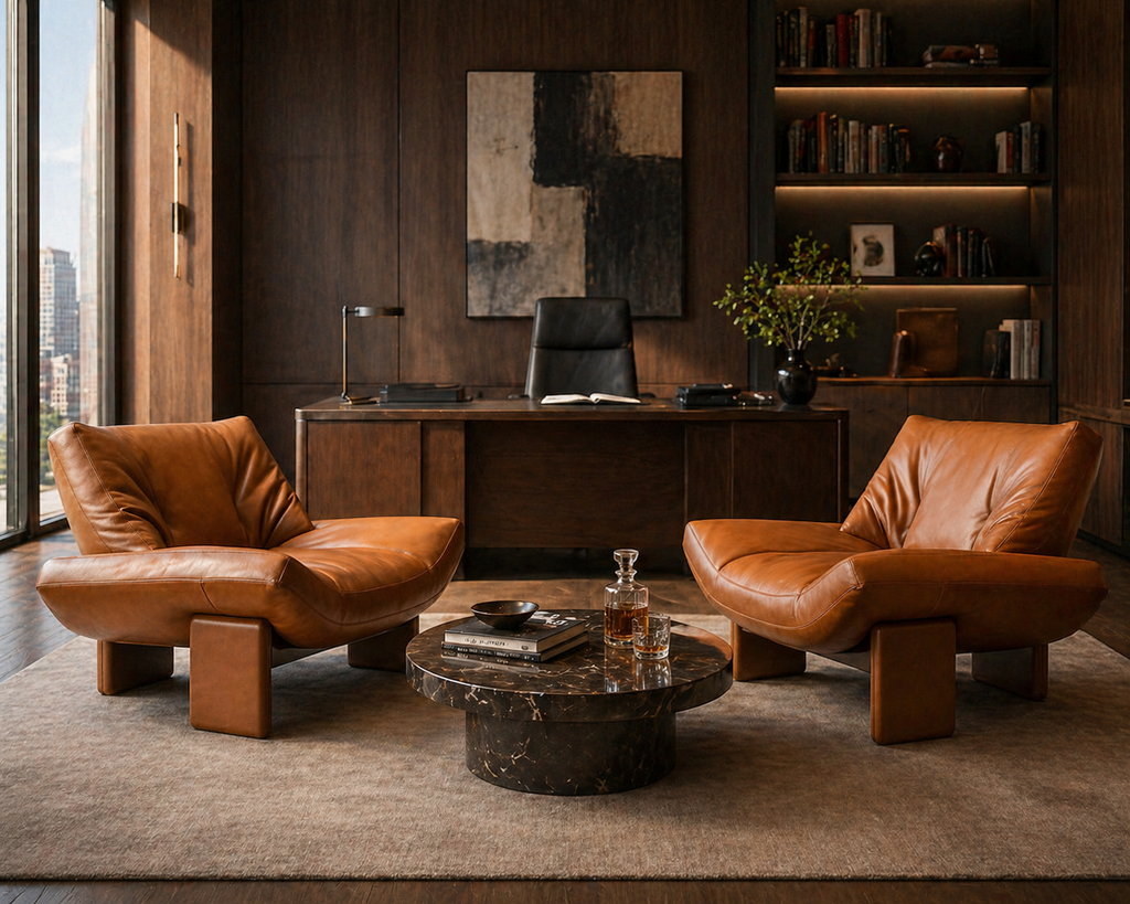 Le Fauteuil Lounge Iconique "Sultan" en Cuir Cognac et Noyer