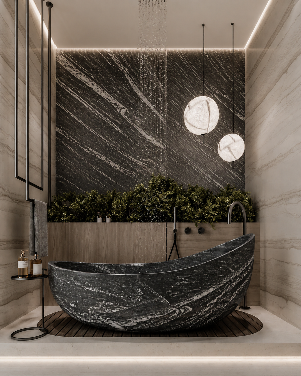 La Baignoire Îlot Monolithe Organique "Crescent" en Quartzite Charcoal