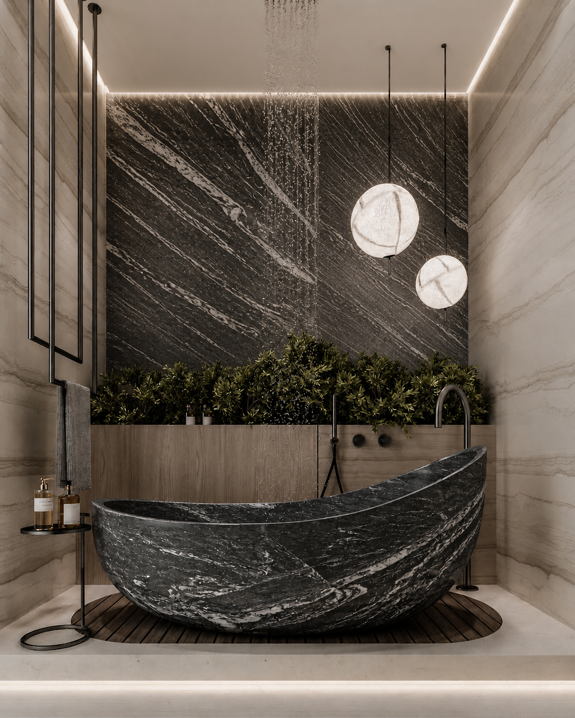 La Baignoire Îlot Monolithe Organique "Crescent" en Quartzite Charcoal